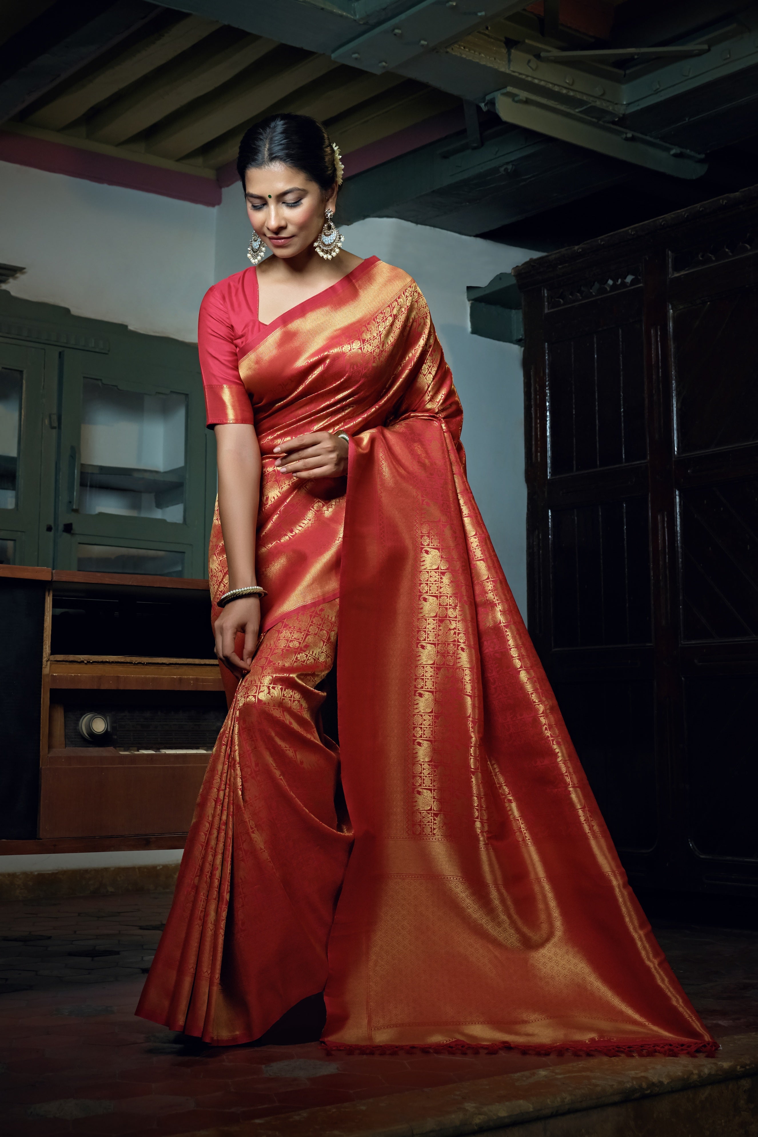 Vardha Rose Red Golden Zari Kanjeevaram Silk Saree