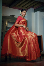 Thumbnail for Vardha Rose Red Golden Zari Kanjeevaram Silk Saree