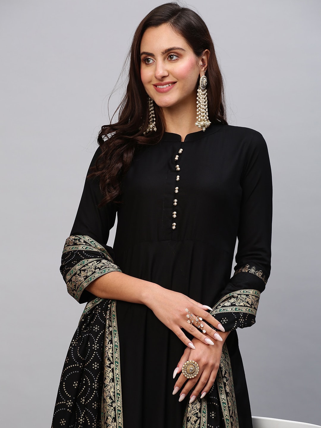 Kalini Mandarin Collar Flared Anarkali Kurta With Trousers & Dupatta - Distacart