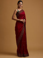 Thumbnail for Koskii Maroon & Green Floral Embroidered Art Silk Saree - Distacart