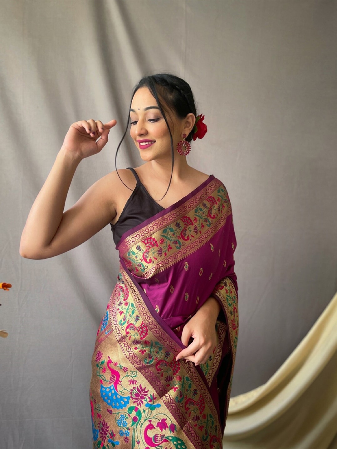 Mitera Purple & Blue Ethnic Motif Woven Design Zari Paithani Saree - Distacart