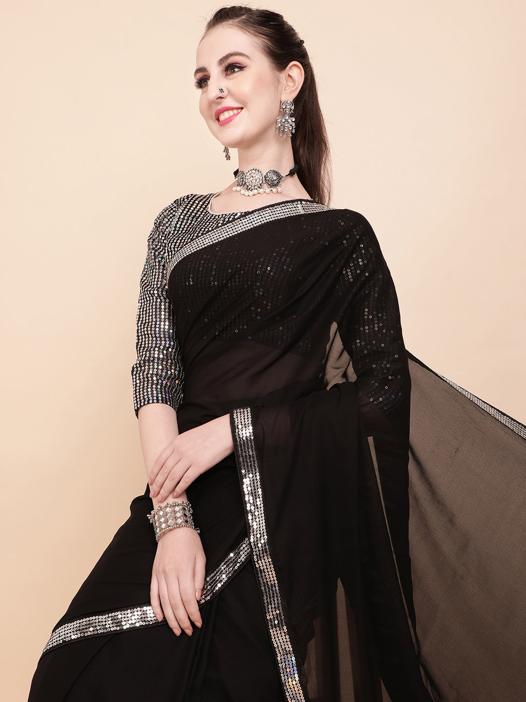 Sangria Black & Silver-Toned Sequinned Pure Georgette Celebrity Saree - Distacart
