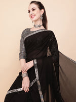 Thumbnail for Sangria Black & Silver-Toned Sequinned Pure Georgette Celebrity Saree - Distacart