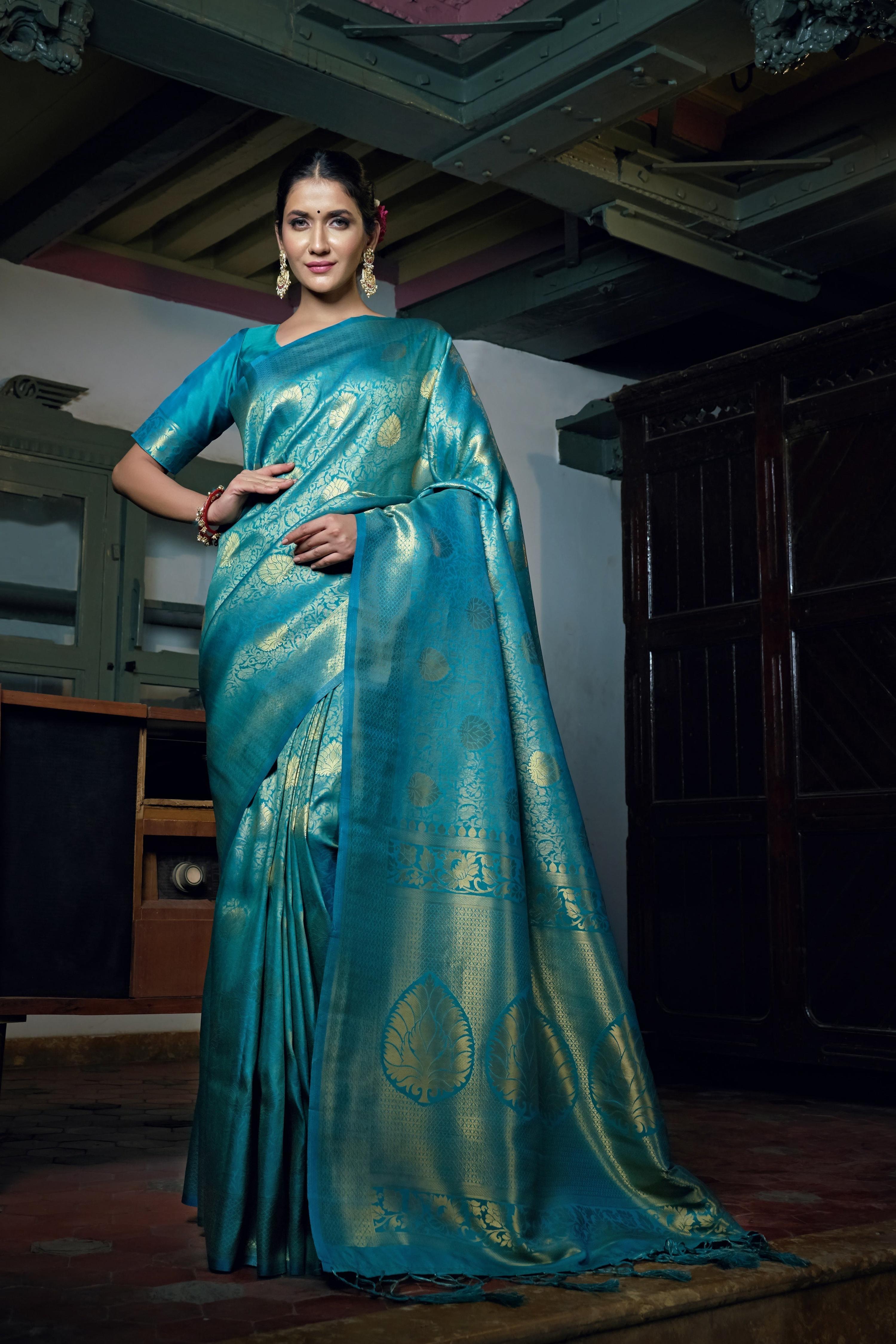 Vardha Sky Teal Blue Zari Work Kanjeevaram Silk Saree