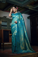 Thumbnail for Vardha Sky Teal Blue Zari Work Kanjeevaram Silk Saree