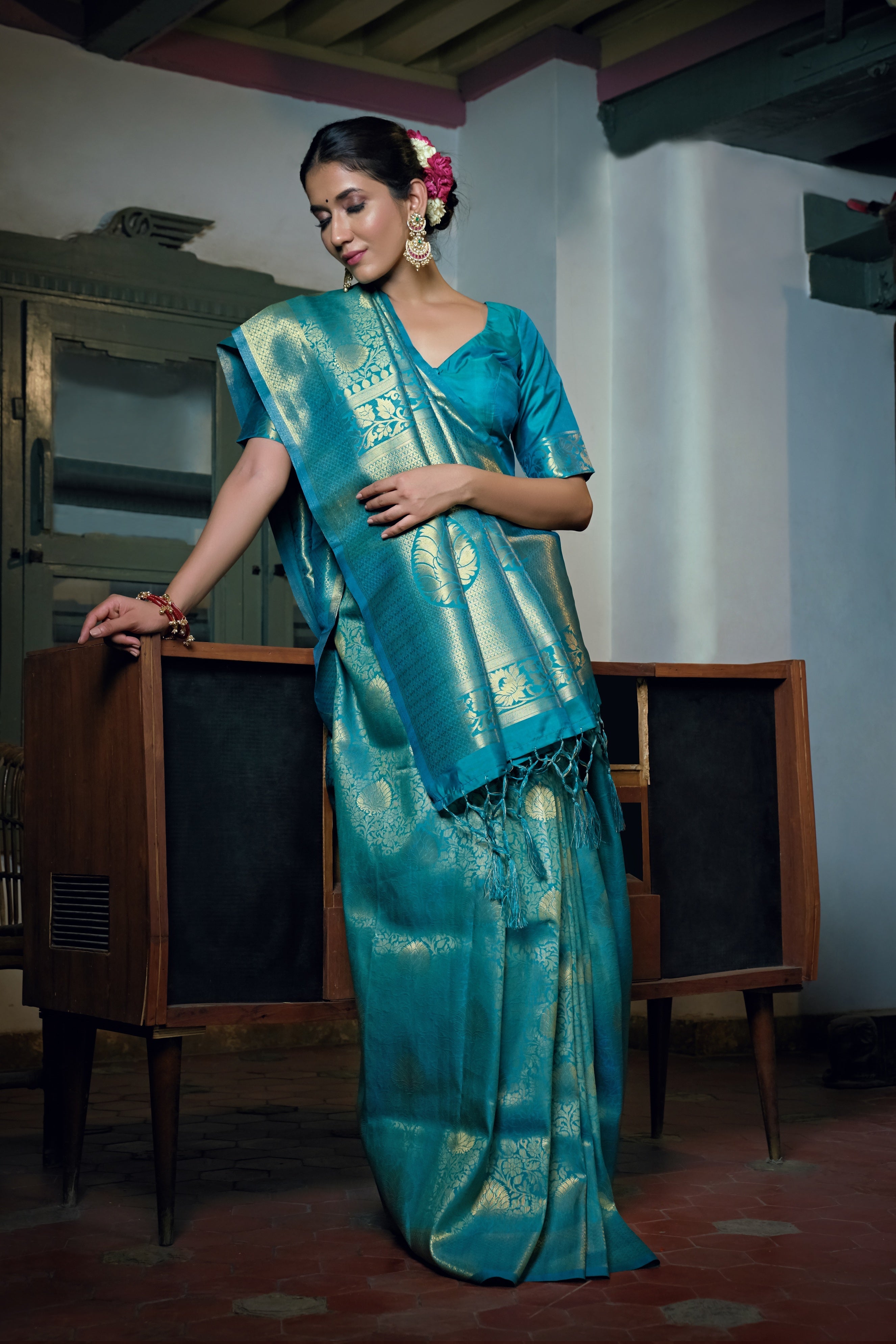 Vardha Sky Teal Blue Zari Work Kanjeevaram Silk Saree