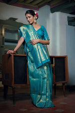 Thumbnail for Vardha Sky Teal Blue Zari Work Kanjeevaram Silk Saree