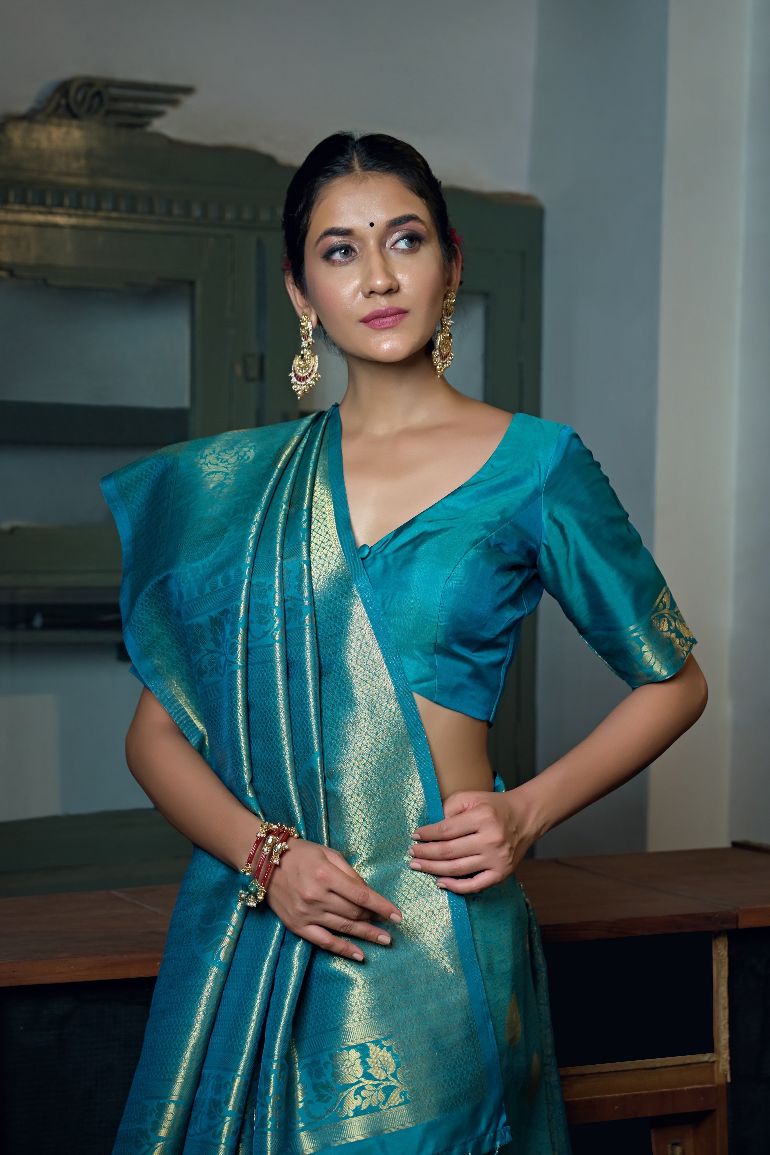 Vardha Sky Teal Blue Zari Work Kanjeevaram Silk Saree
