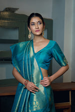Thumbnail for Vardha Sky Teal Blue Zari Work Kanjeevaram Silk Saree