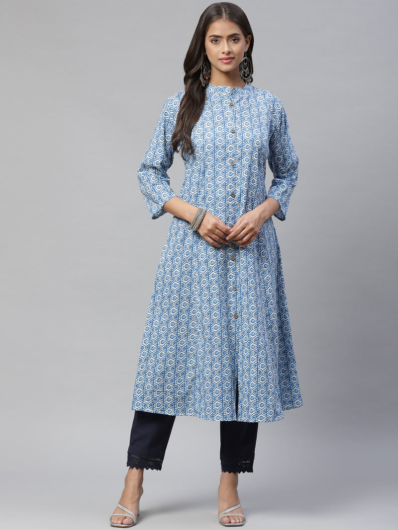 Kalini Women Blue &amp; White Printed Cotton Kurta - Distacart