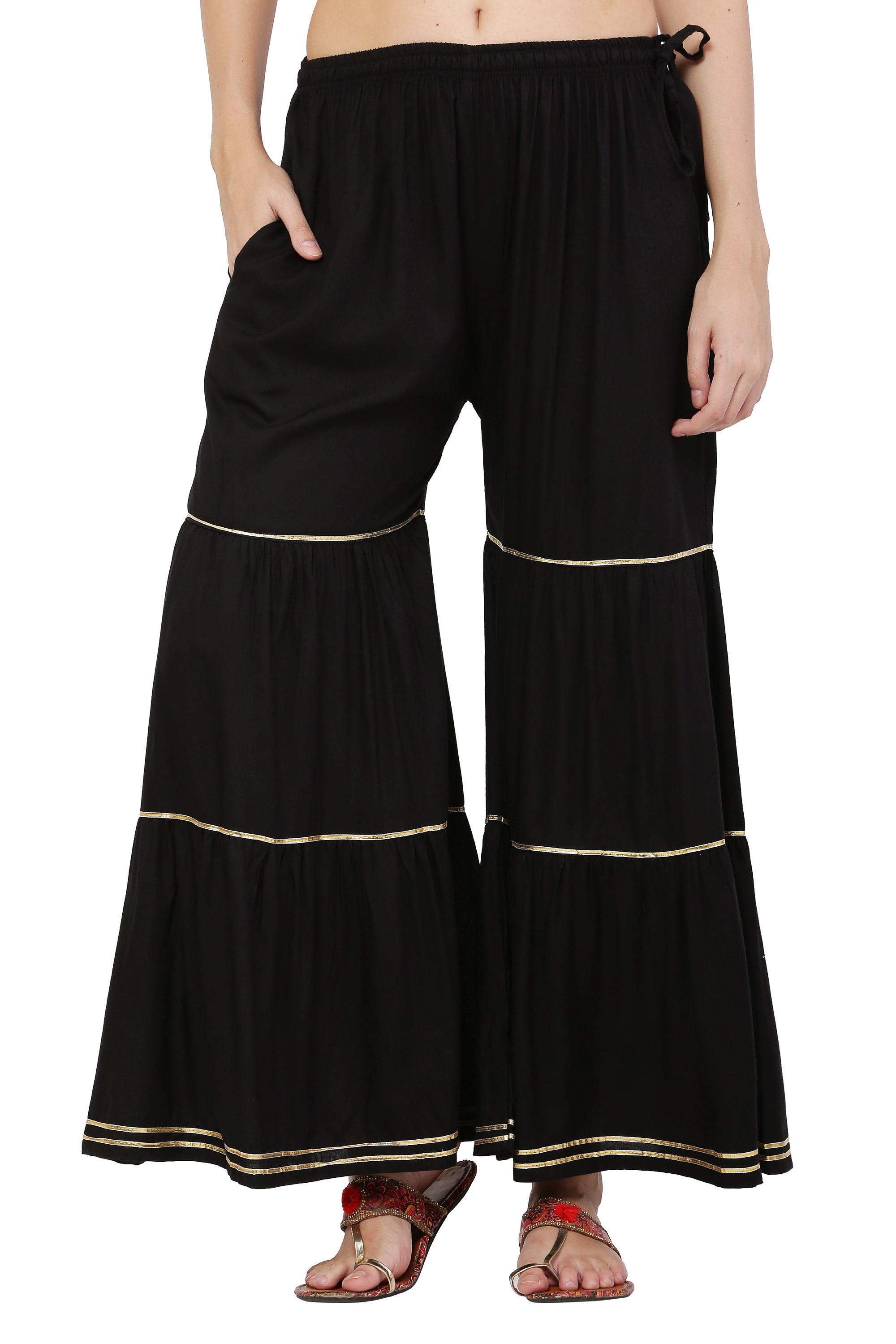 PAVONINE Black Color 3-Panels Golden Gota Flared Sharara For Women - Distacart