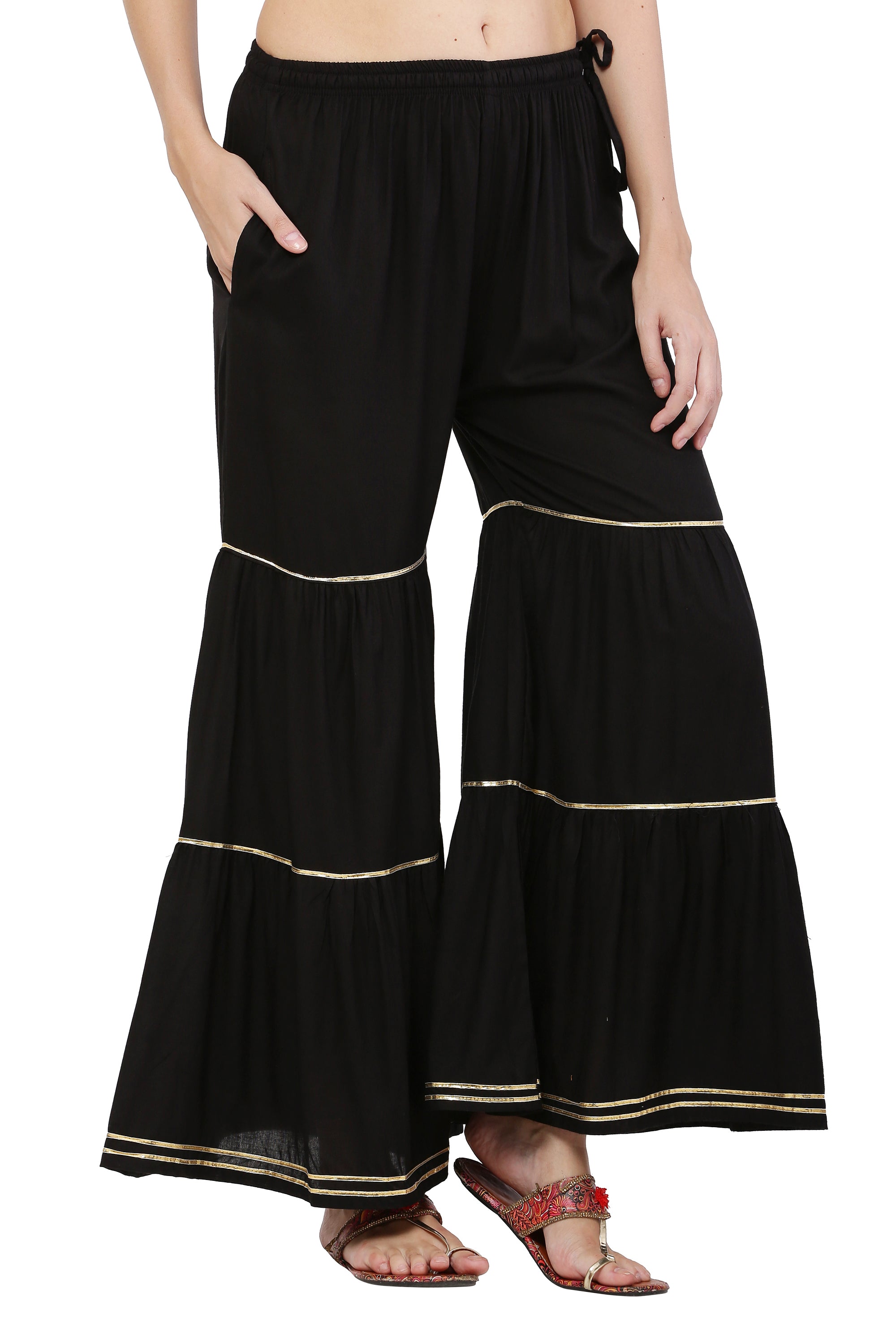 PAVONINE Black Color 3-Panels Golden Gota Flared Sharara For Women - Distacart