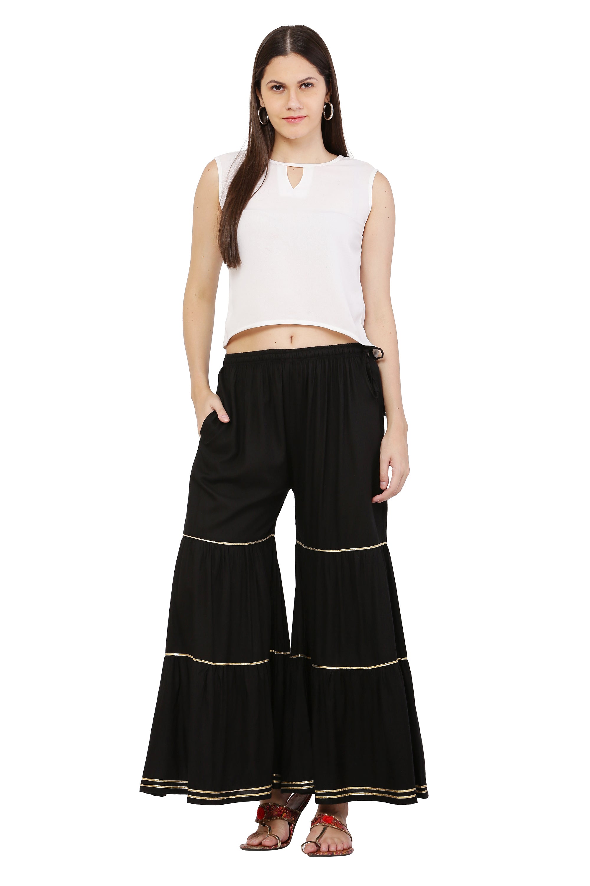PAVONINE Black Color 3-Panels Golden Gota Flared Sharara For Women - Distacart