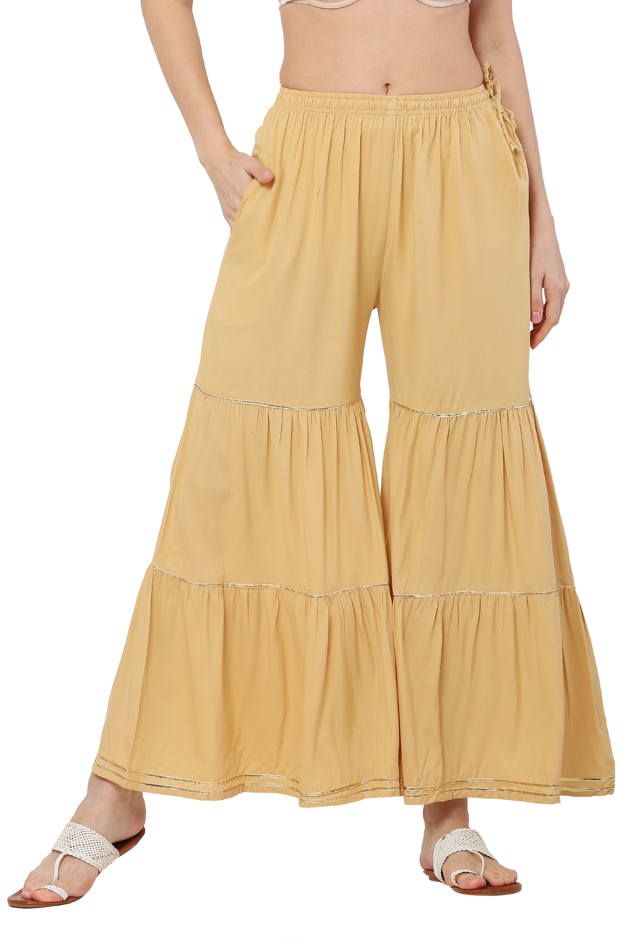 PAVONINE Beige Color 3-Panels Golden Gota Flared Sharara For Women - Distacart