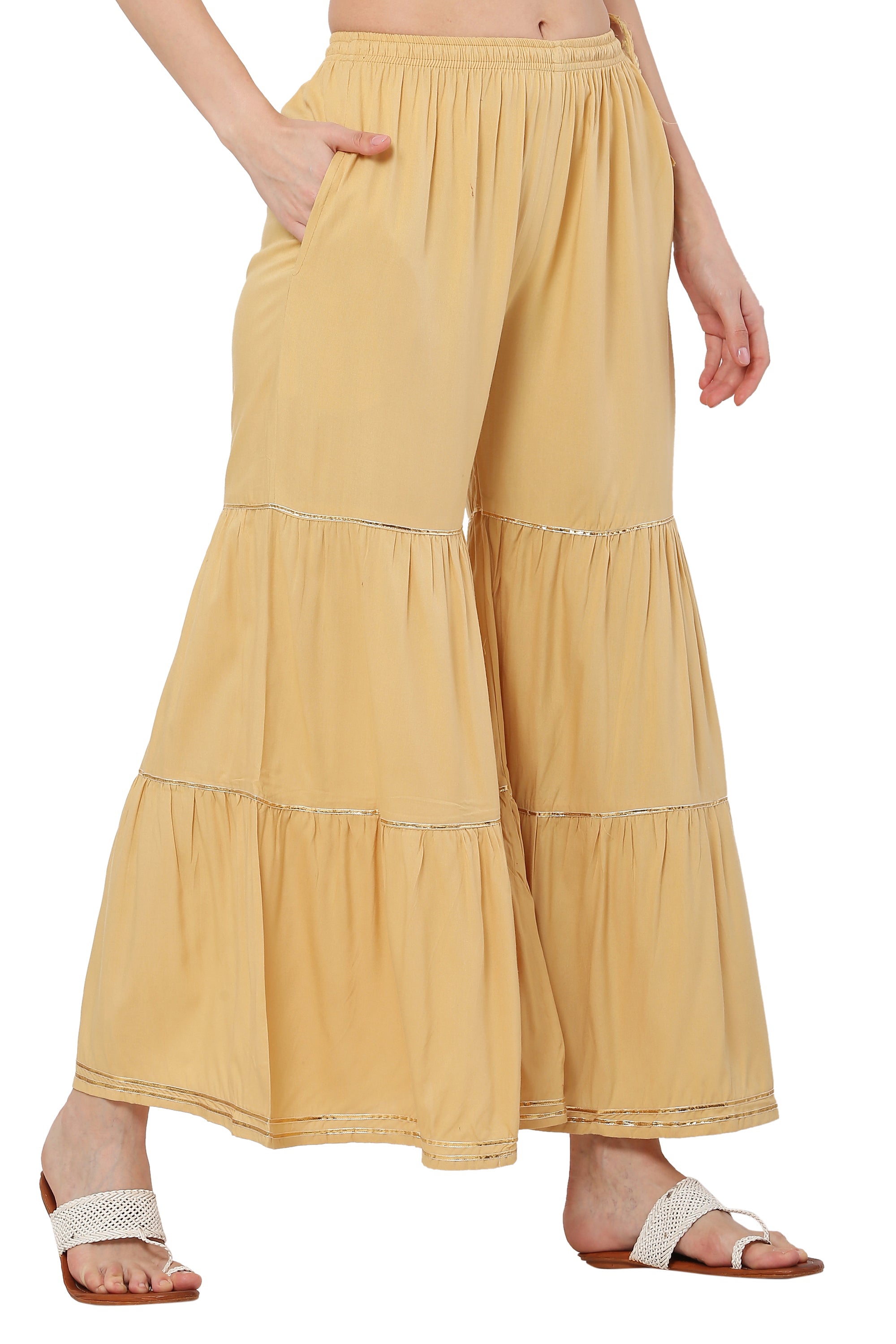 PAVONINE Beige Color 3-Panels Golden Gota Flared Sharara For Women - Distacart