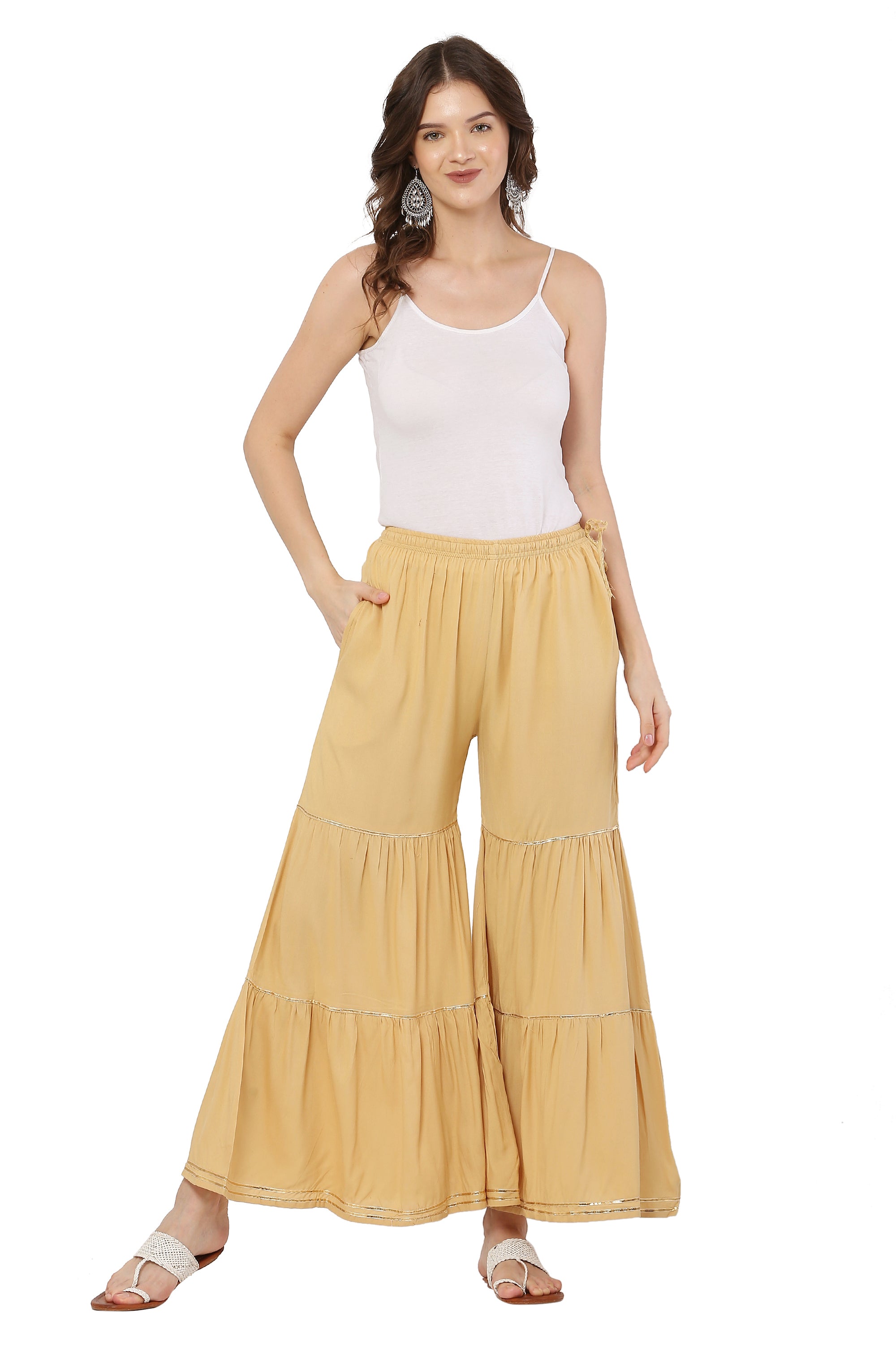 PAVONINE Beige Color 3-Panels Golden Gota Flared Sharara For Women - Distacart