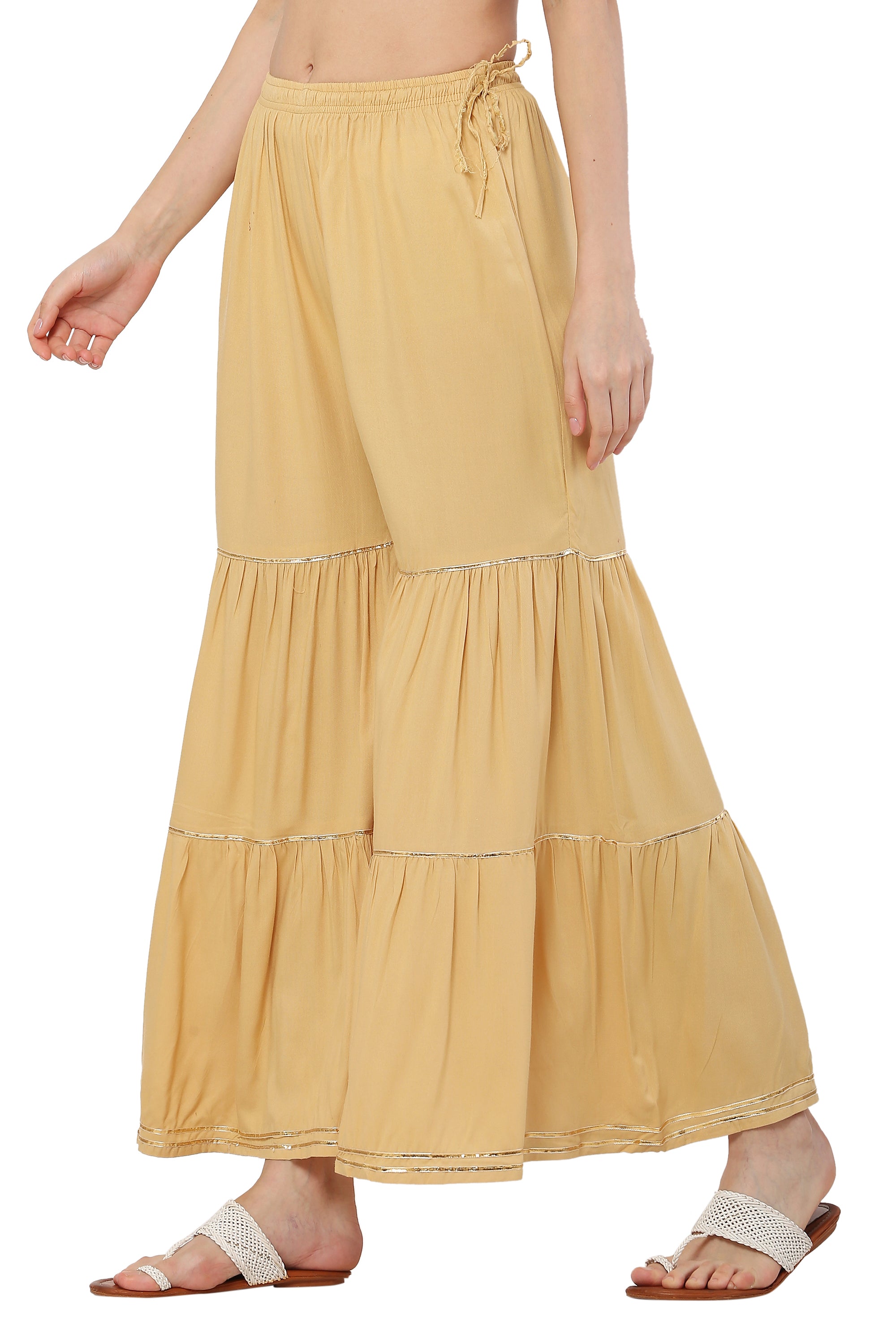 PAVONINE Beige Color 3-Panels Golden Gota Flared Sharara For Women - Distacart