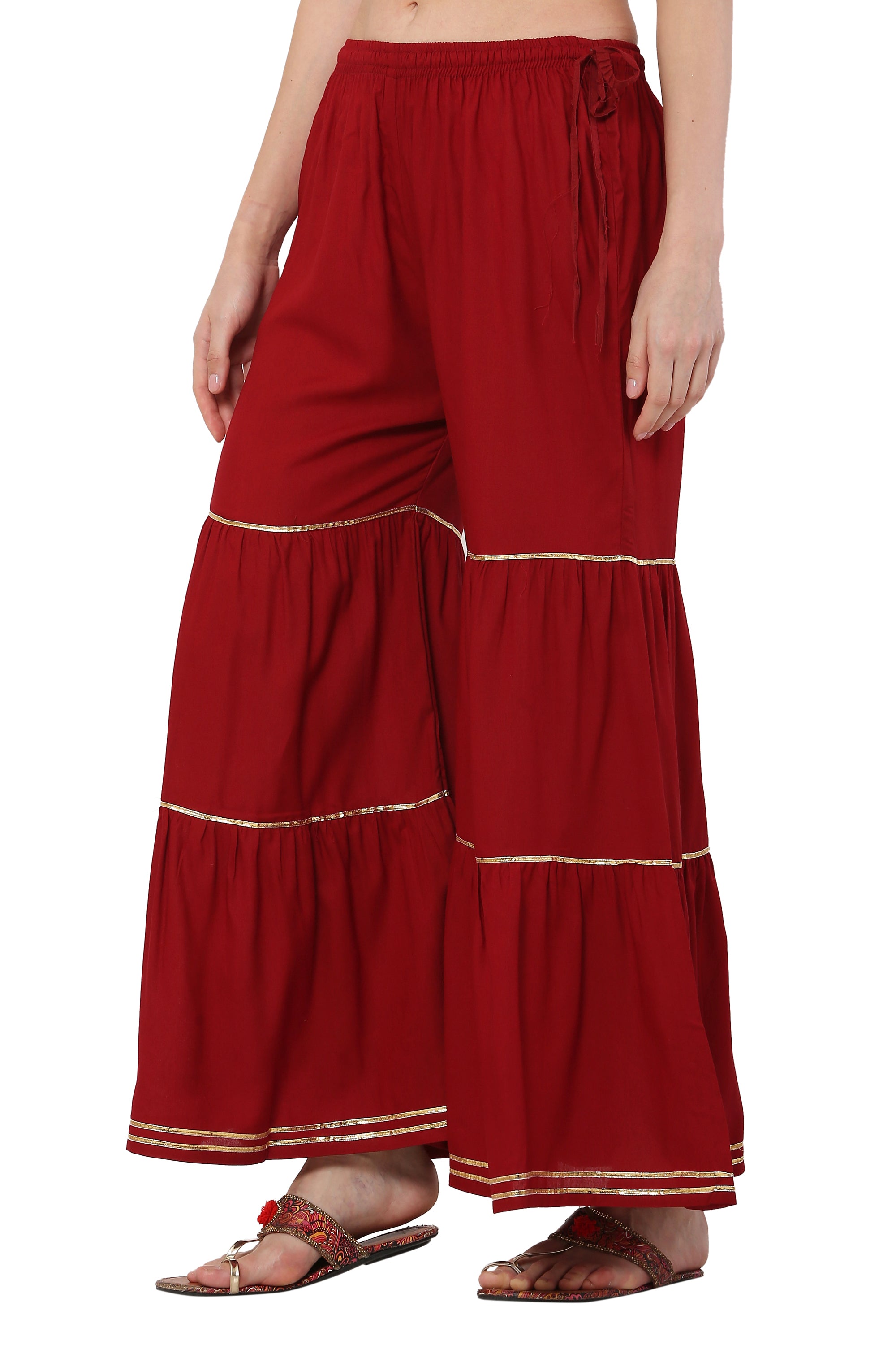 PAVONINE Maroon Color 3-Panels Golden Gota Flared Sharara For Women - Distacart