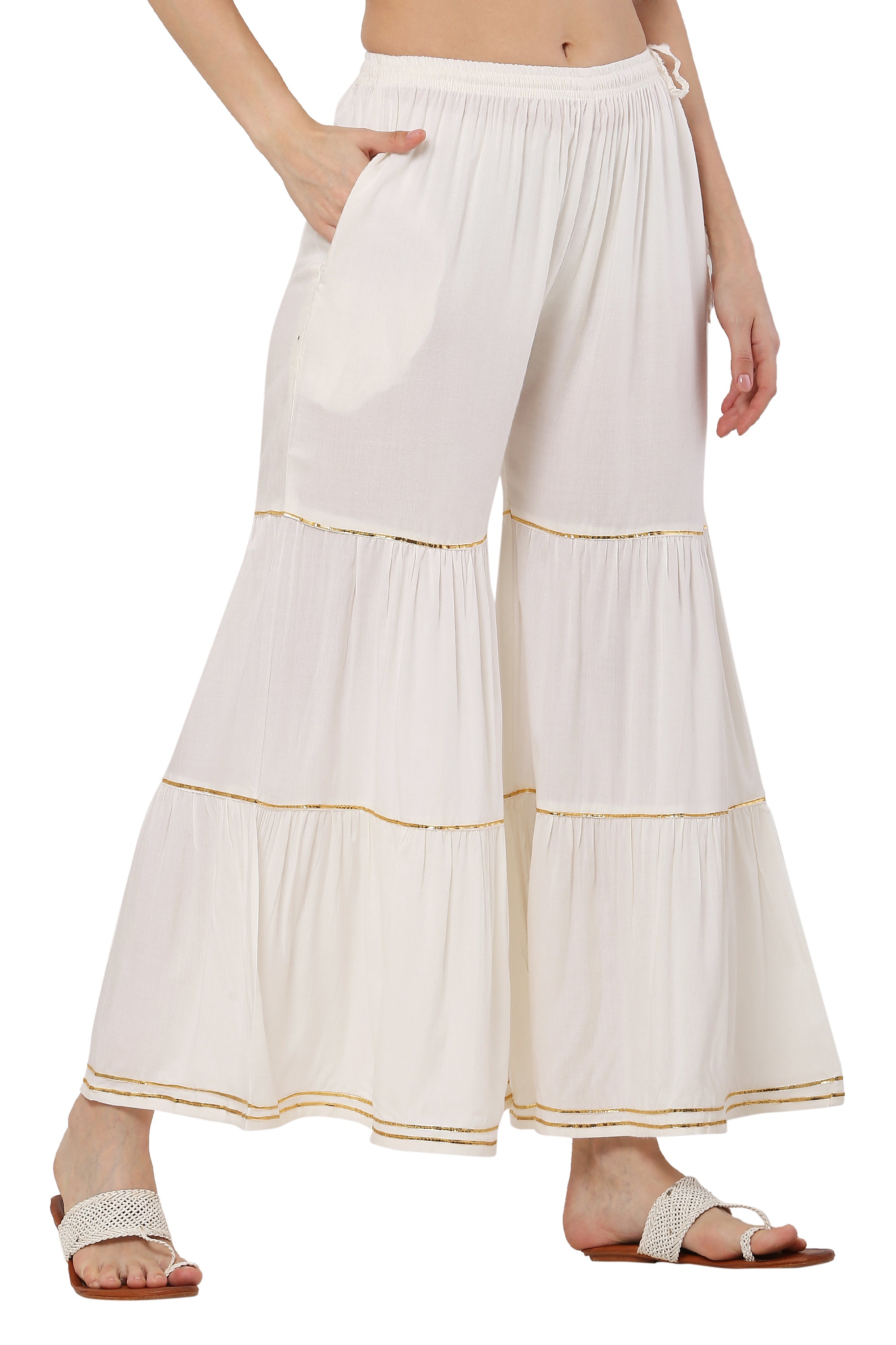 PAVONINE Off White Color 3-Panels Golden Gota Flared Sharara For Women - Distacart