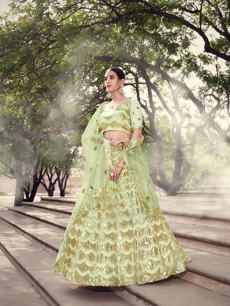 Myra Pista Green Soft Net Heavy Embroidered Lehenga - Distacart