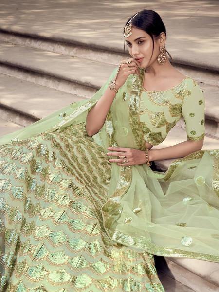 Myra Pista Green Soft Net Heavy Embroidered Lehenga - Distacart