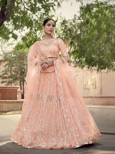 Myra Peach Soft Net Heavy Embroidered Lehenga - Distacart