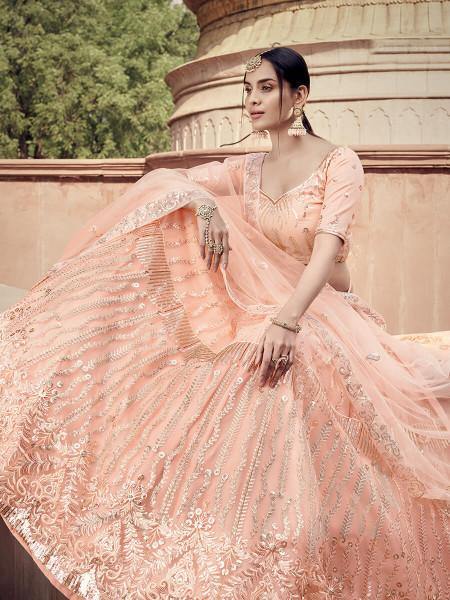 Myra Peach Soft Net Heavy Embroidered Lehenga - Distacart