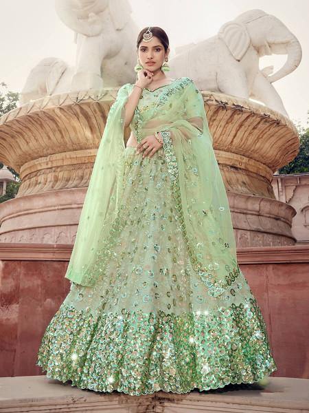 Myra Pista Green Soft Net Heavy Embroidered Lehenga - Distacart