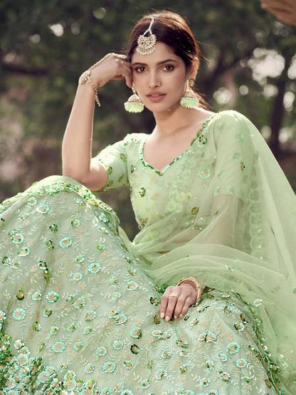 Myra Pista Green Soft Net Heavy Embroidered Lehenga - Distacart