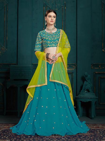 Myra Peacock Blue Georgette Embroidered Lehenga - Distacart