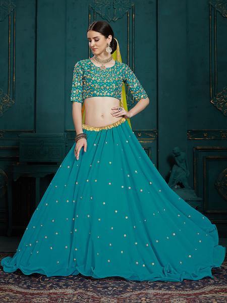 Myra Peacock Blue Georgette Embroidered Lehenga - Distacart