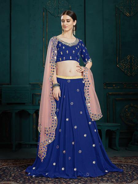 Myra Navi Blue Georgette Embroidered Lehenga - Distacart