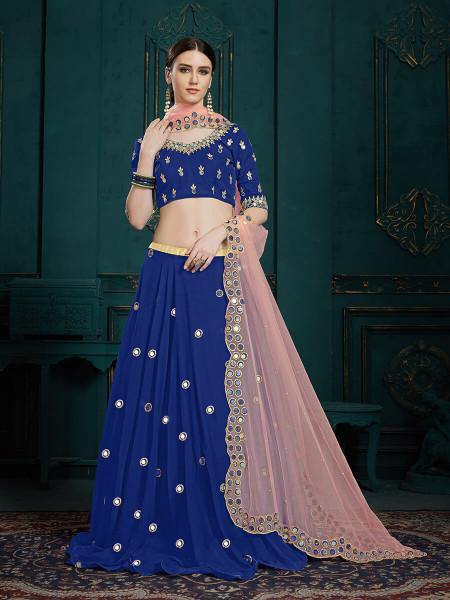 Myra Navi Blue Georgette Embroidered Lehenga - Distacart