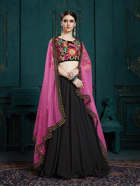 Myra Black Georgette Embroidered Lehenga - Distacart