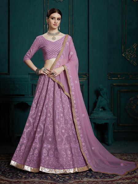 Myra Lavender Georgette Embroidered Lehenga - Distacart