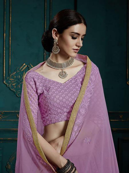 Myra Lavender Georgette Embroidered Lehenga - Distacart