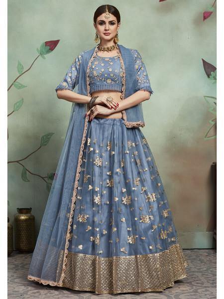Myra Grey Soft Net Heavy Embroidered Lehenga - Distacart