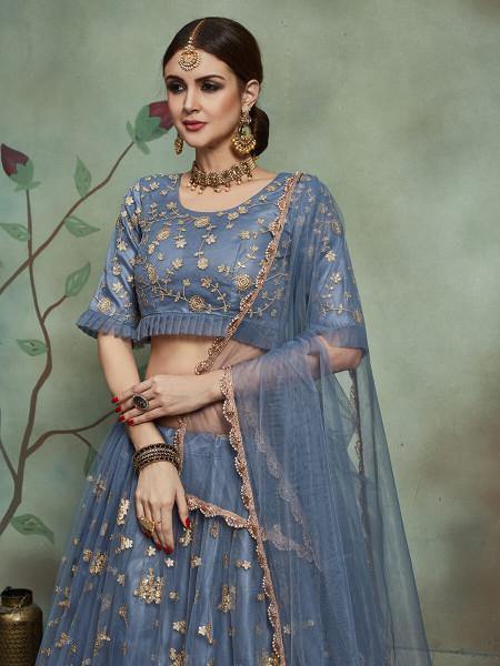 Myra Grey Soft Net Heavy Embroidered Lehenga - Distacart