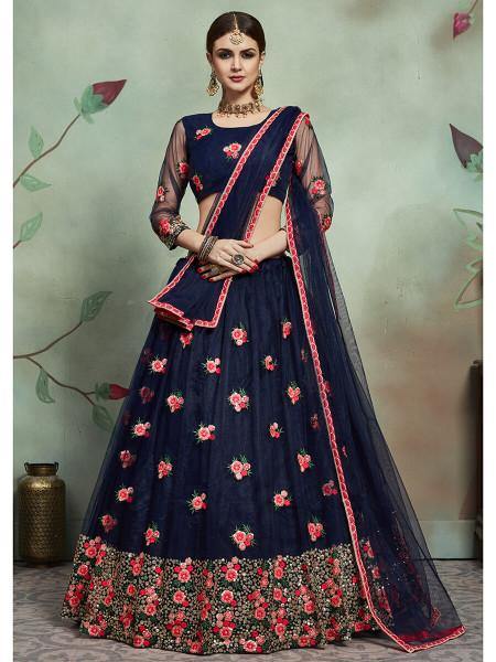 Myra Navy Blue Soft Net Heavy Embroidered Lehenga - Distacart