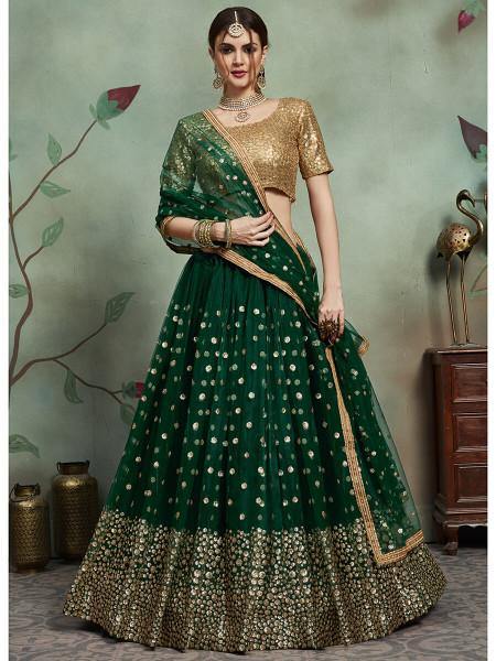 Myra Dark Green Soft Net Heavy Embroidered Lehenga - Distacart