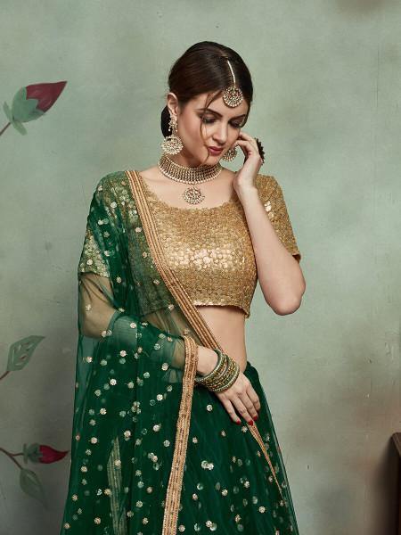 Myra Dark Green Soft Net Heavy Embroidered Lehenga - Distacart