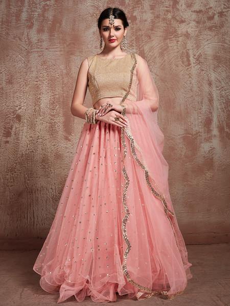 Myra Baby Pink Soft Net Heavy Embroidered Lehenga - Distacart