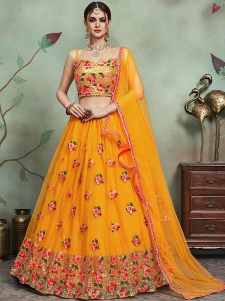 Myra Musturd Soft Net Heavy Embroidered Lehenga - Distacart