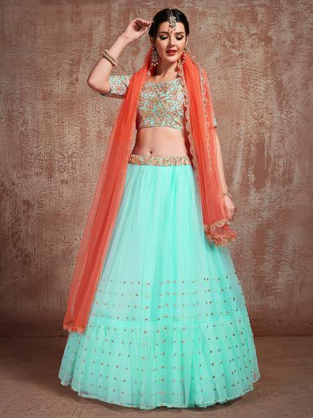 Myra Blue Soft Net Heavy Embroidered Lehenga - Distacart