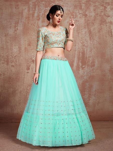 Myra Blue Soft Net Heavy Embroidered Lehenga - Distacart