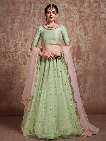 Myra Pista Green Soft Net Heavy Embroidered Lehenga - Distacart