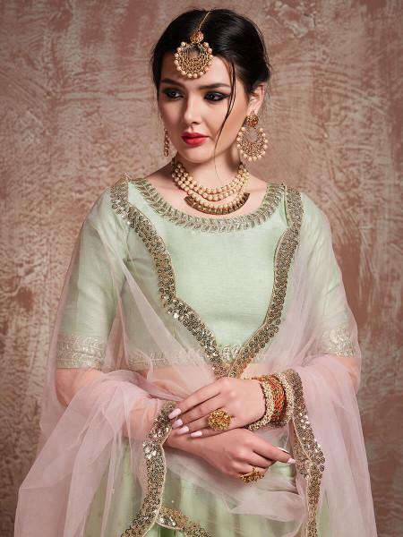 Myra Pista Green Soft Net Heavy Embroidered Lehenga - Distacart