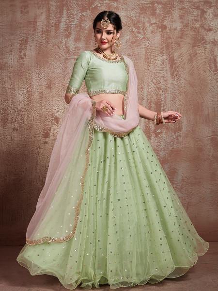 Myra Pista Green Soft Net Heavy Embroidered Lehenga - Distacart