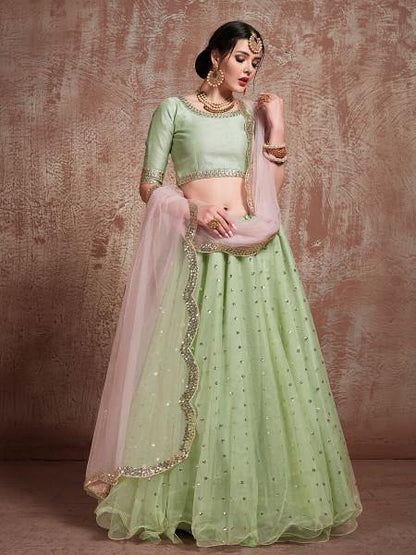 Myra Pista Green Soft Net Heavy Embroidered Lehenga - Distacart
