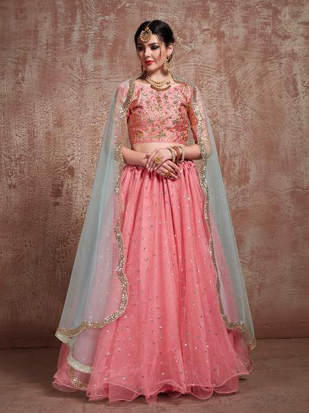 Myra Pink Soft Net Heavy Embroidered Lehenga - Distacart
